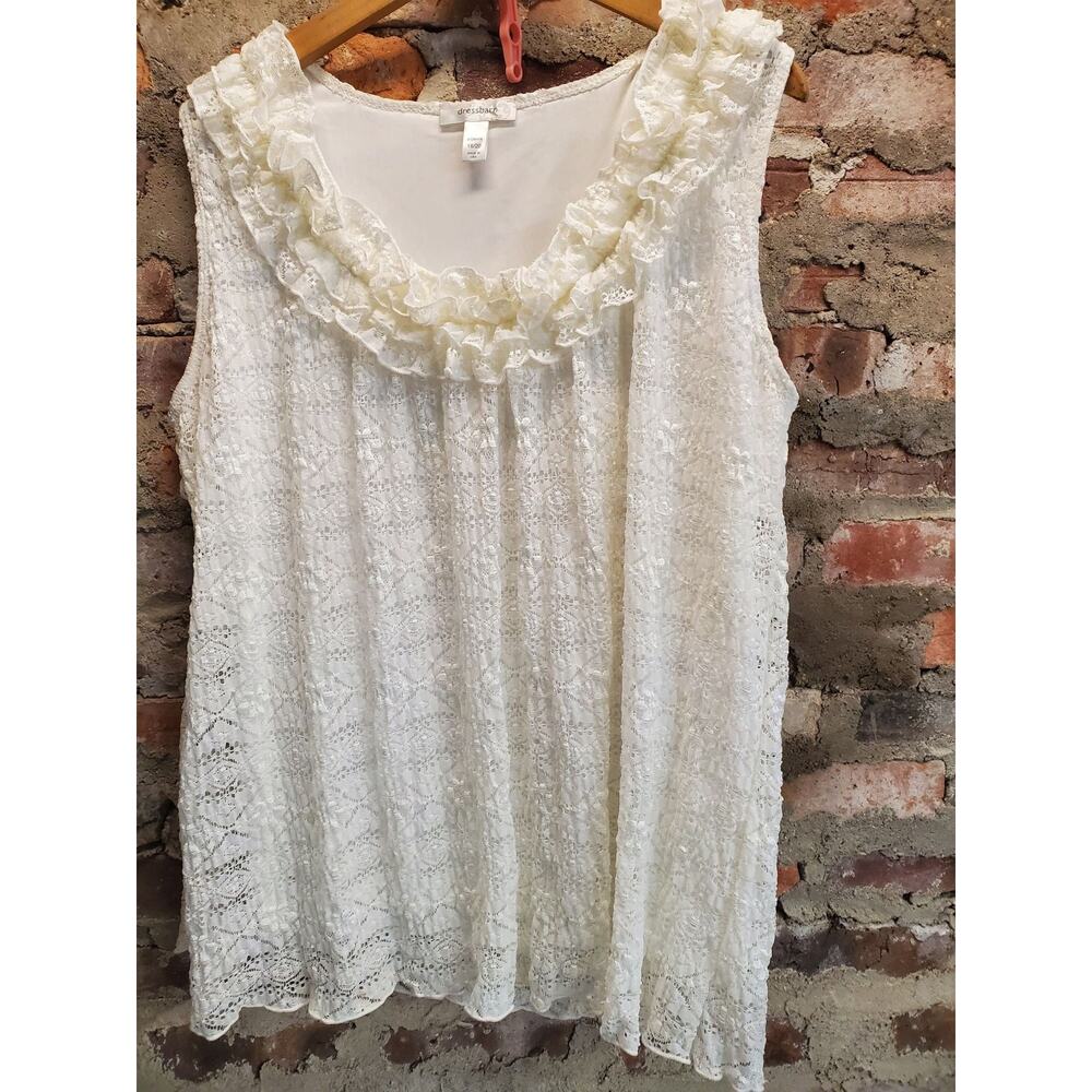 Dressbarn Womens Plus Size Lace Top 18/20 Cream Sleeveless Ruffle Neck Blouse